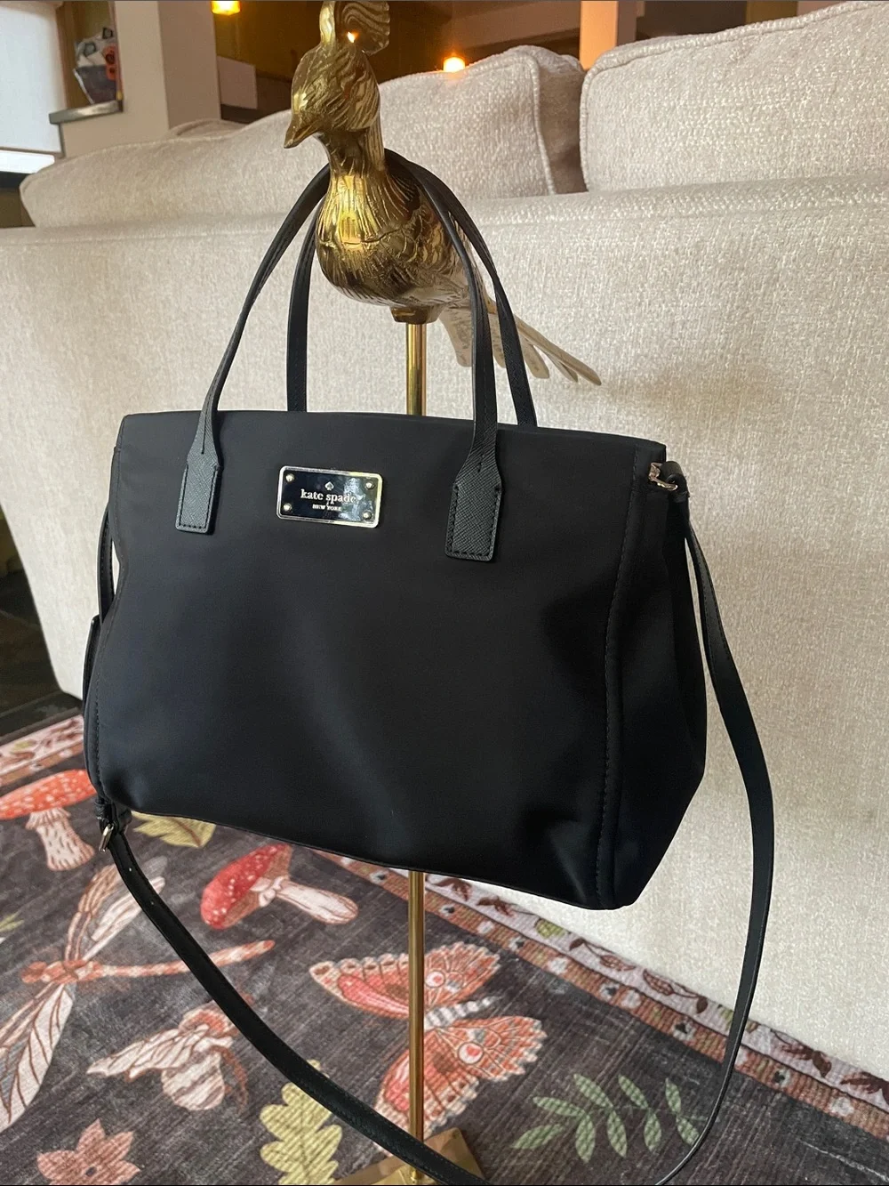 Kate Spade Black Nylon Satchel Bag with Gold Plaque Crossbody Strap EUC